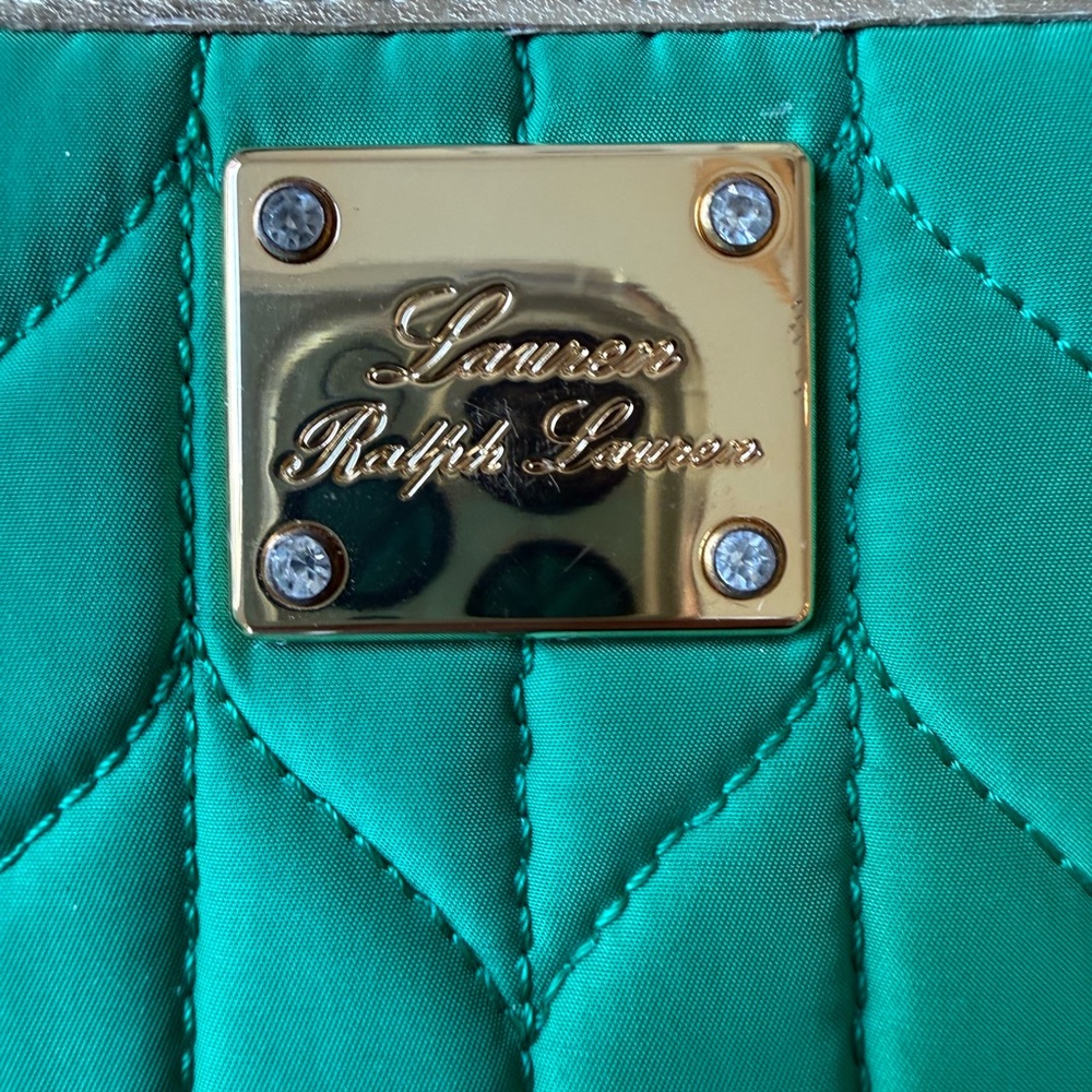 Lauren Ralph Lauren Green Quilted Chevron Zip-Around Wallet Gold EUC old money - Picture 3 of 4